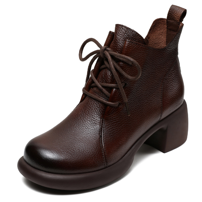 Cowhide Handmade Vintage Mid-Heel Ankle Boots for Women