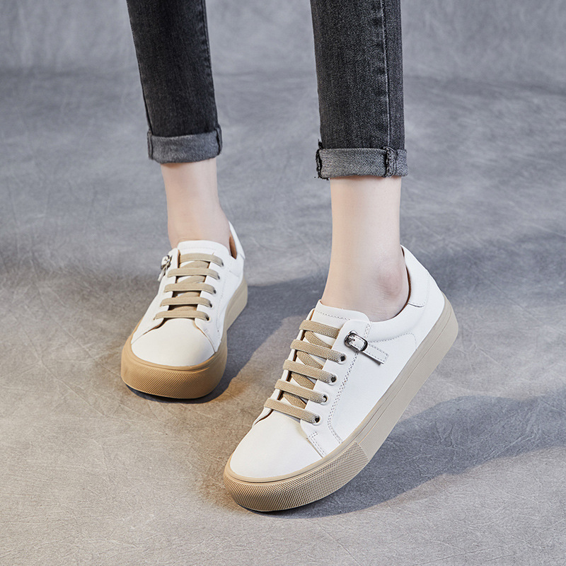 Cowhide Lace-Up Casual White Board Flats