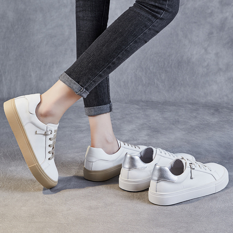 Cowhide Lace-Up Casual White Board Flats