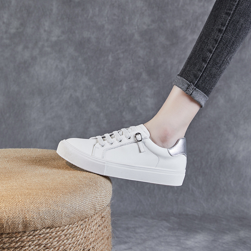 Cowhide Lace-Up Casual White Board Flats