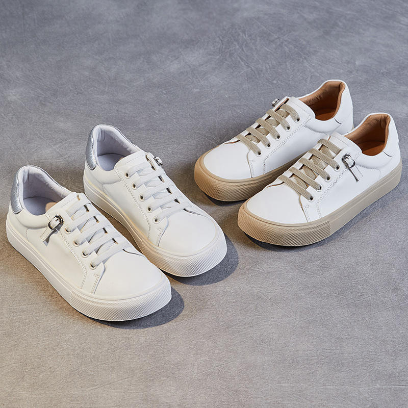 Cowhide Lace-Up Casual White Board Flats