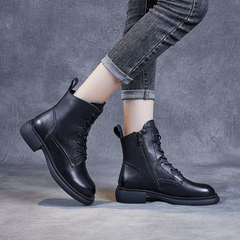 Cross Strap Side Zip Flat Boots - English Style Doc Martens