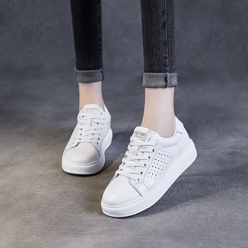 Leather Hollow Breathable Thick Bottom Low Top Lace-Up White Shoes