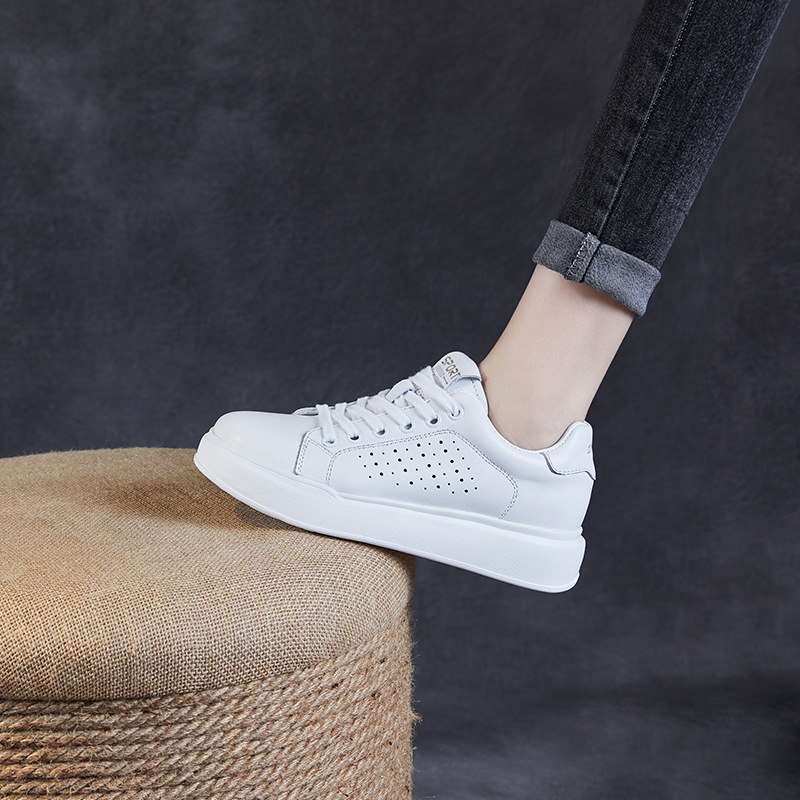 Leather Hollow Breathable Thick Bottom Low Top Lace-Up White Shoes