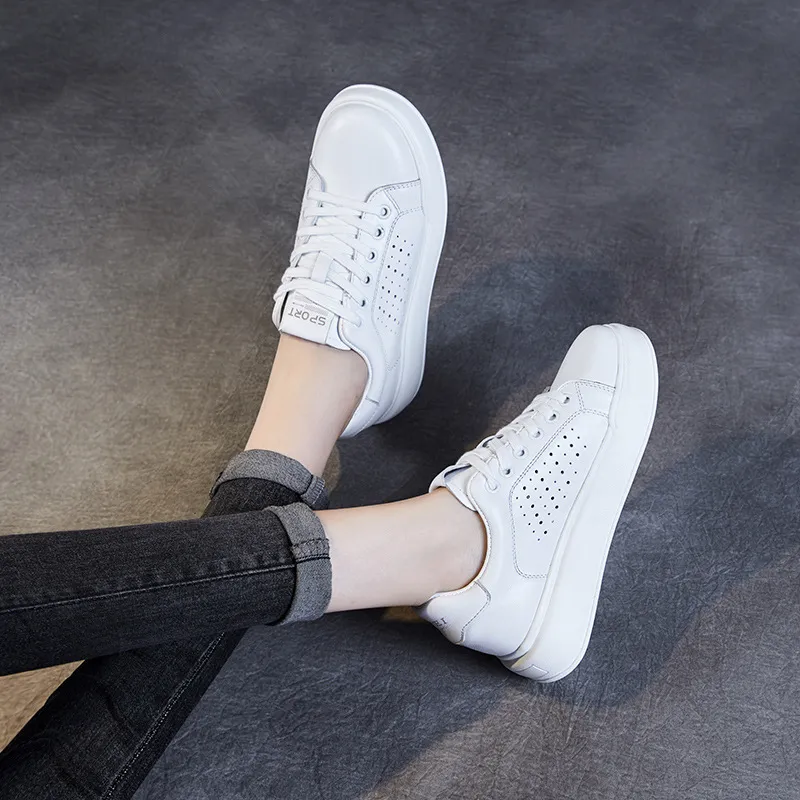 Leather Hollow Breathable Thick Bottom Low Top Lace-Up White Shoes