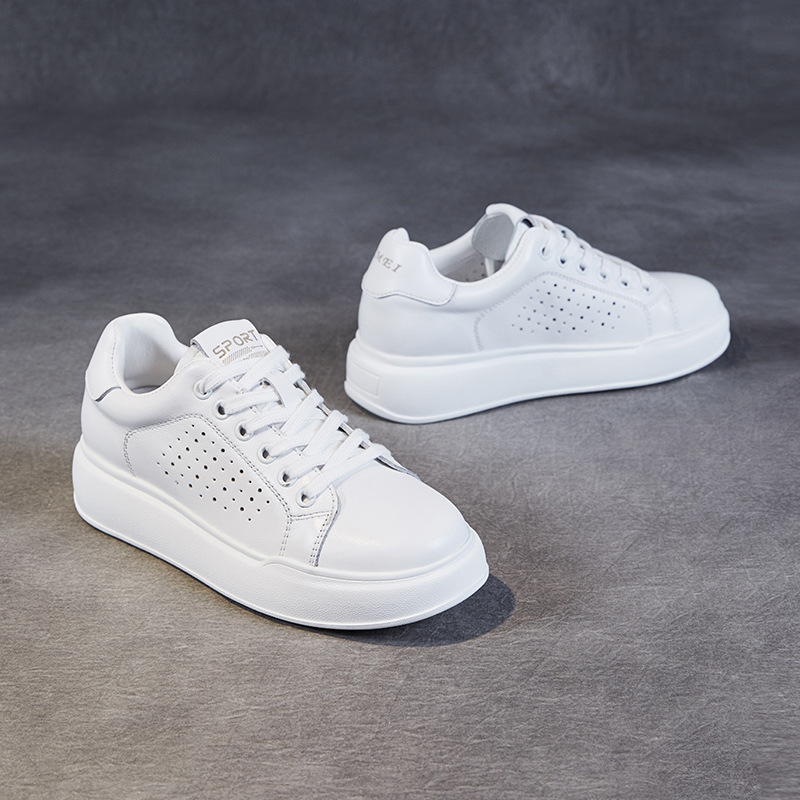 Leather Hollow Breathable Thick Bottom Low Top Lace-Up White Shoes