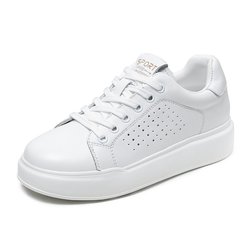 Leather Hollow Breathable Thick Bottom Low Top Lace-Up White Shoes