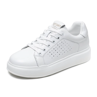 Leather Hollow Breathable Thick Bottom Low Top Lace-Up White Shoes 01