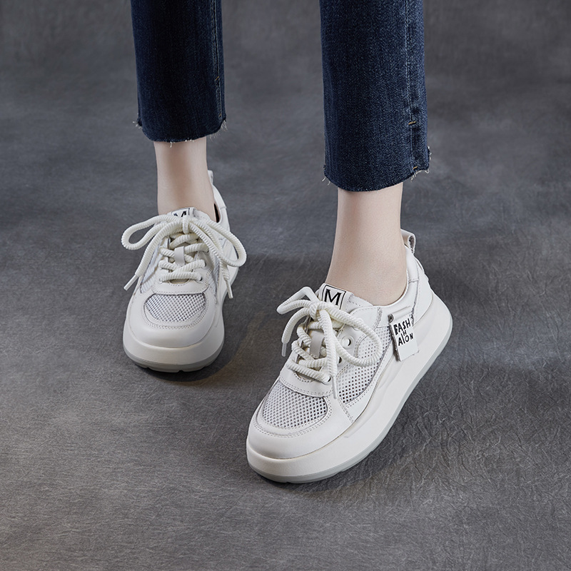 Leather Mesh Breathable Thick Bottom Thin Hollow Flat Shoes