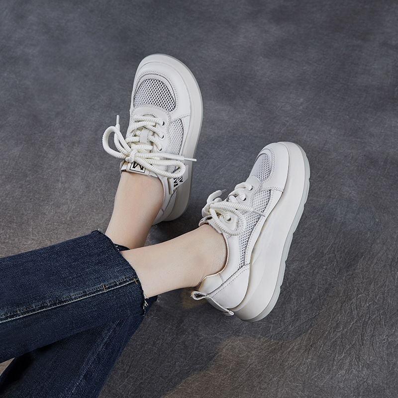 Leather Mesh Breathable Thick Bottom Thin Hollow Flat Shoes