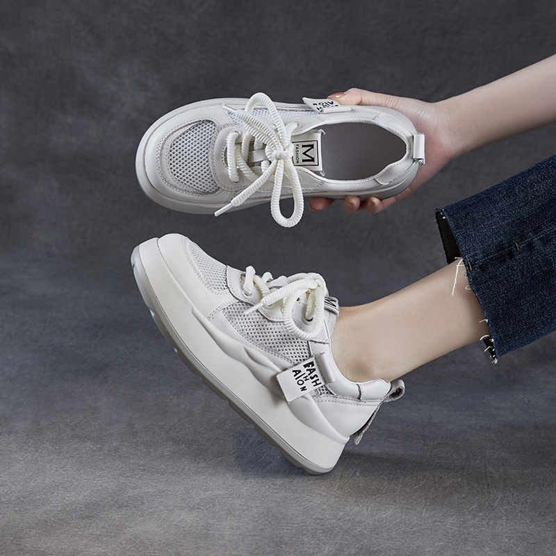 Leather Mesh Breathable Thick Bottom Thin Hollow Flat Shoes