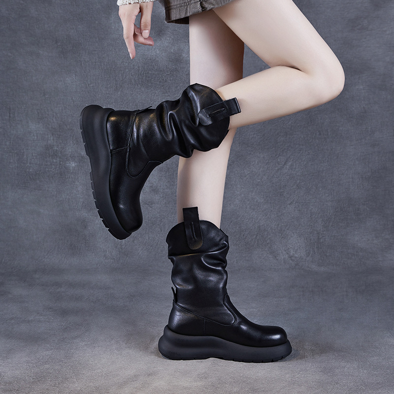 Leather Mid-Calf Boots with Pleats - Cowhide Mid-Calf Boots