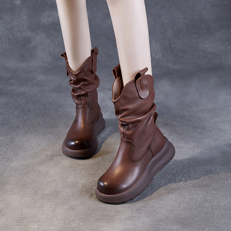 Leather Mid-Calf Boots with Pleats - Cowhide Mid-Calf Boots