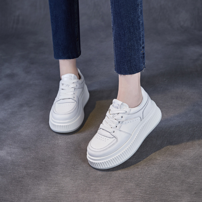 Rice Cake Shoes: Thick Soled Leather White Shoes