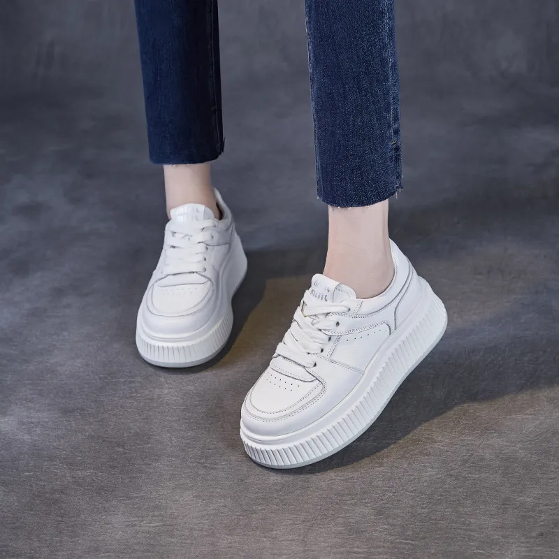 Rice Cake Shoes: Thick Soled Leather White Shoes