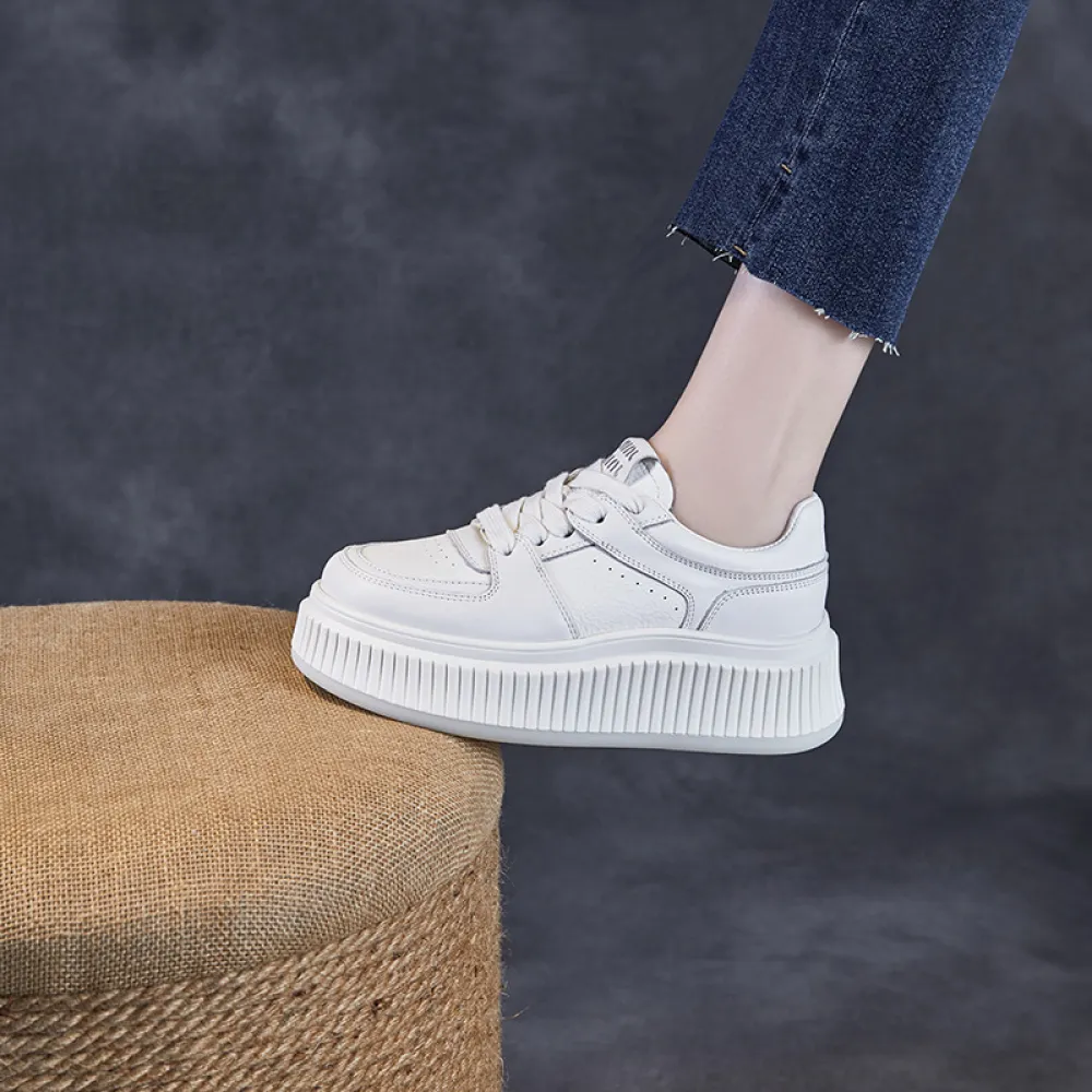 Rice Cake Shoes: Thick Soled Leather White Shoes