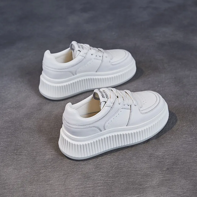 Rice Cake Shoes: Thick Soled Leather White Shoes