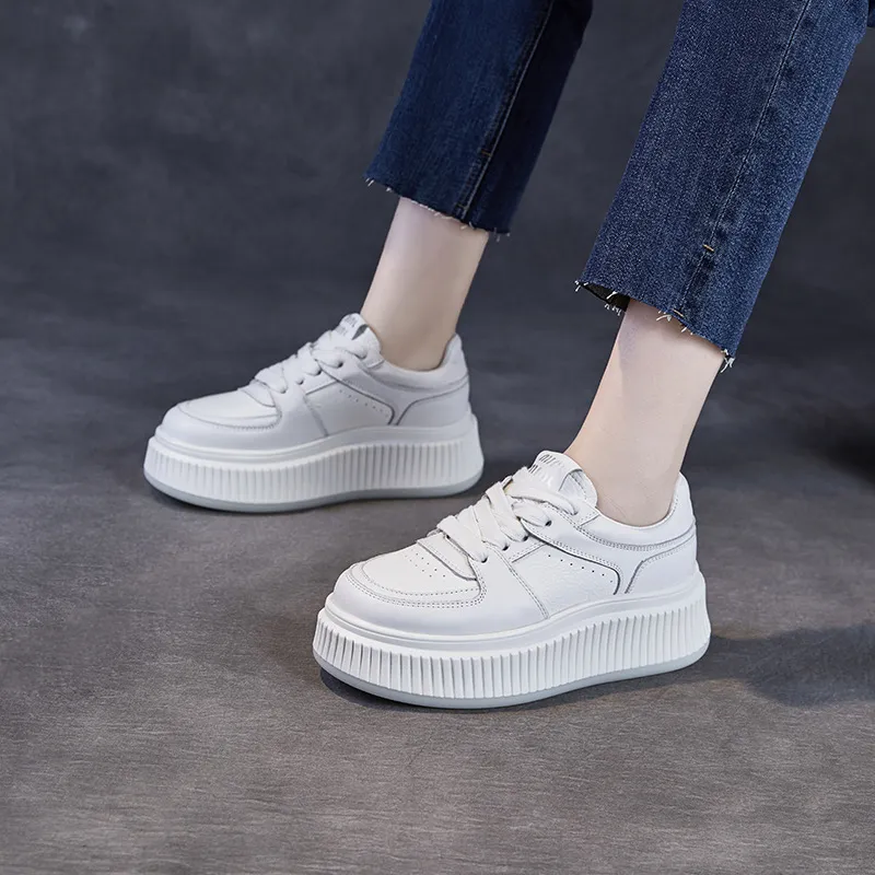 Rice Cake Shoes: Thick Soled Leather White Shoes