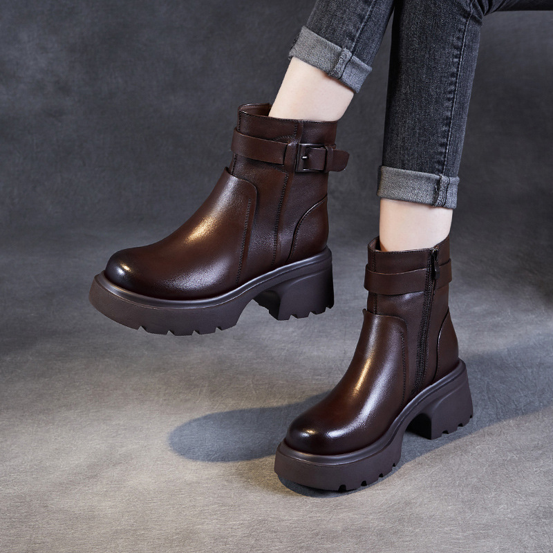 Round-Nosed English Style Motorcycle Ankle Boots with Belt Buckle