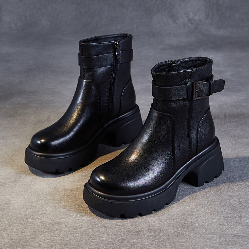 Round-Nosed English Style Motorcycle Ankle Boots with Belt Buckle
