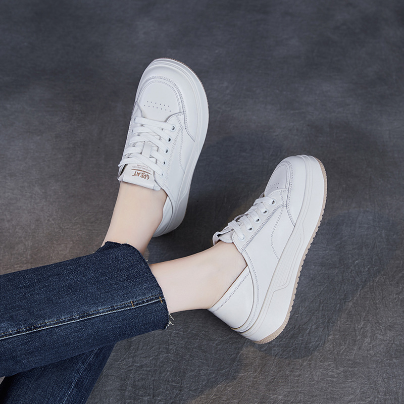 Thick Soled White Leather Super Soft Soled Lace-Up Board Shoes