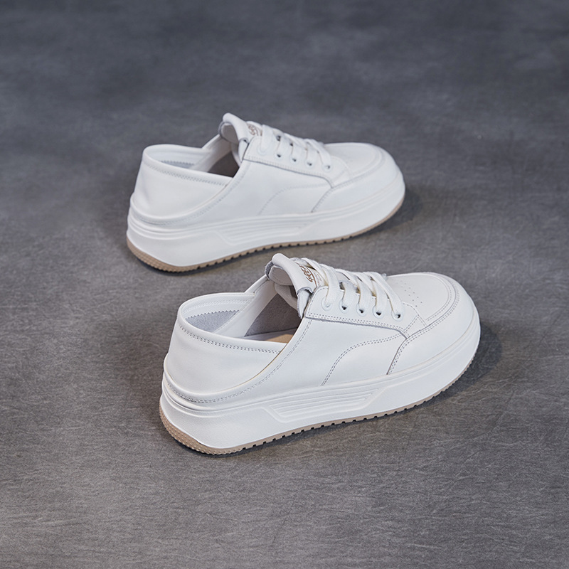 Thick Soled White Leather Super Soft Soled Lace-Up Board Shoes