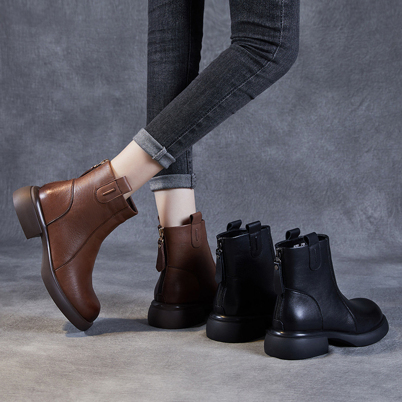 Vintage Leather Soft-Soled Zip Boots - Cowhide Chelsea Booties