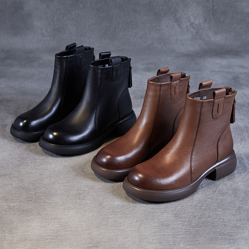 Vintage Leather Soft-Soled Zip Boots - Cowhide Chelsea Booties