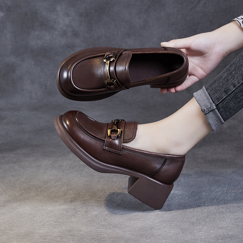 Chunky Retro Cowhide English Style Slip-On Platform Loafers