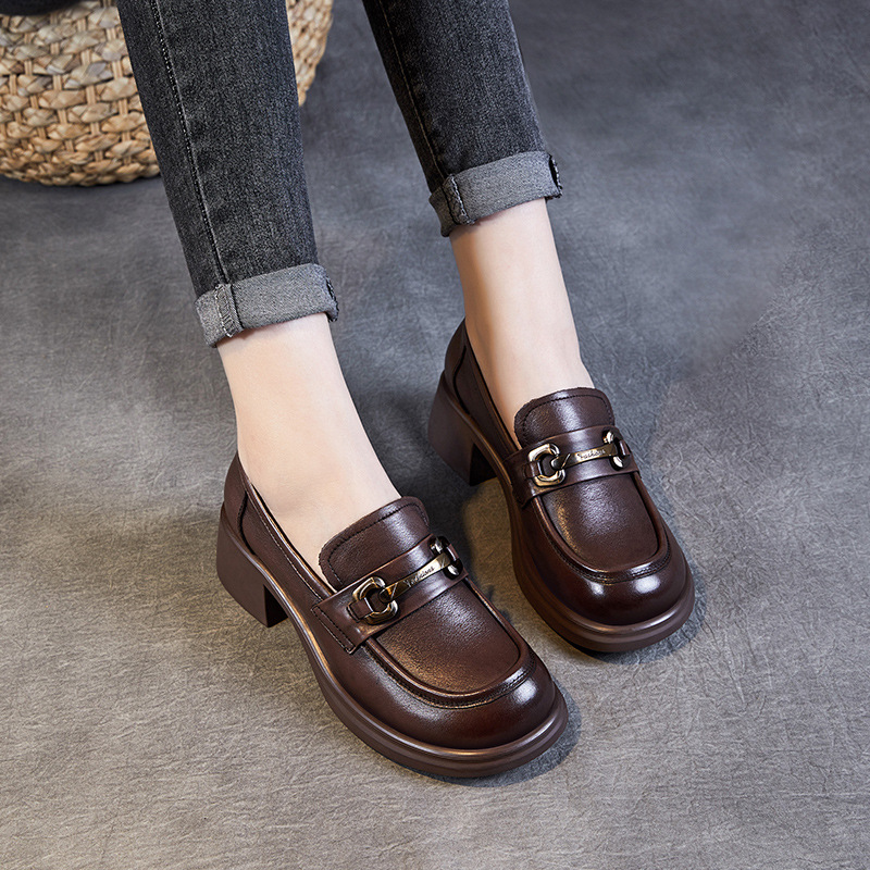 Chunky Retro Cowhide English Style Slip-On Platform Loafers