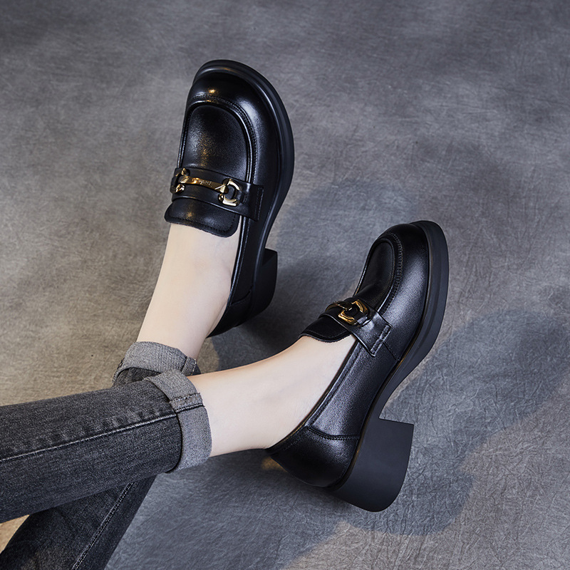 Chunky Retro Cowhide English Style Slip-On Platform Loafers