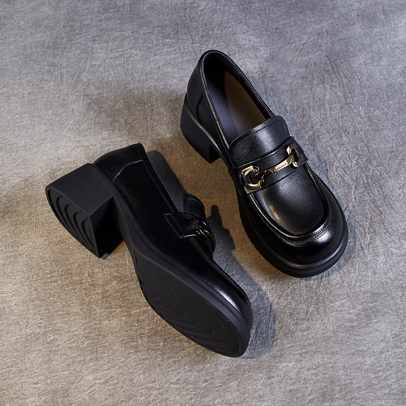 Chunky Retro Cowhide English Style Slip-On Platform Loafers