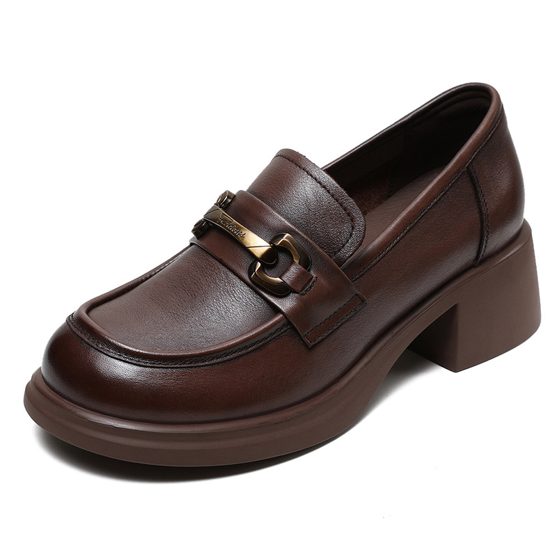 Chunky Retro Cowhide English Style Slip-On Platform Loafers