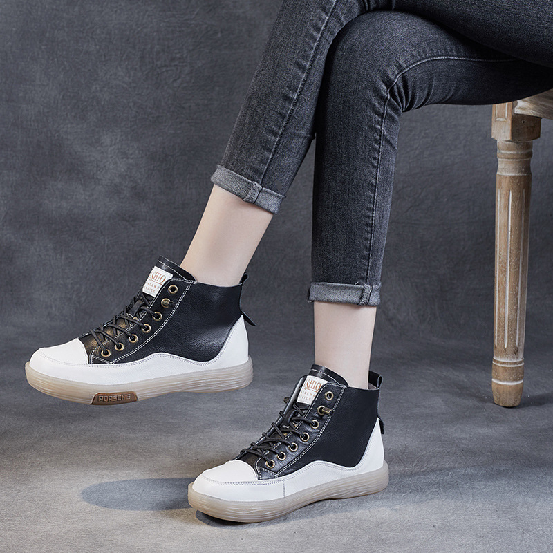 High Top Shoes New Leather Beef Sole Soft Sole Casual Flat Shoes