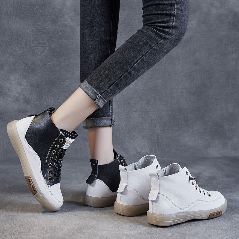 High Top Shoes New Leather Beef Sole Soft Sole Casual Flat Shoes
