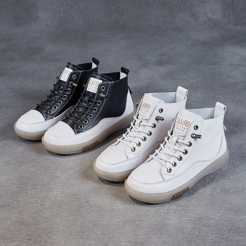 High Top Shoes New Leather Beef Sole Soft Sole Casual Flat Shoes