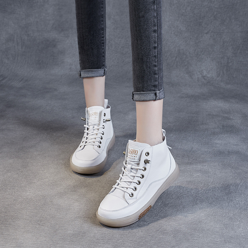 High Top Shoes New Leather Beef Sole Soft Sole Casual Flat Shoes