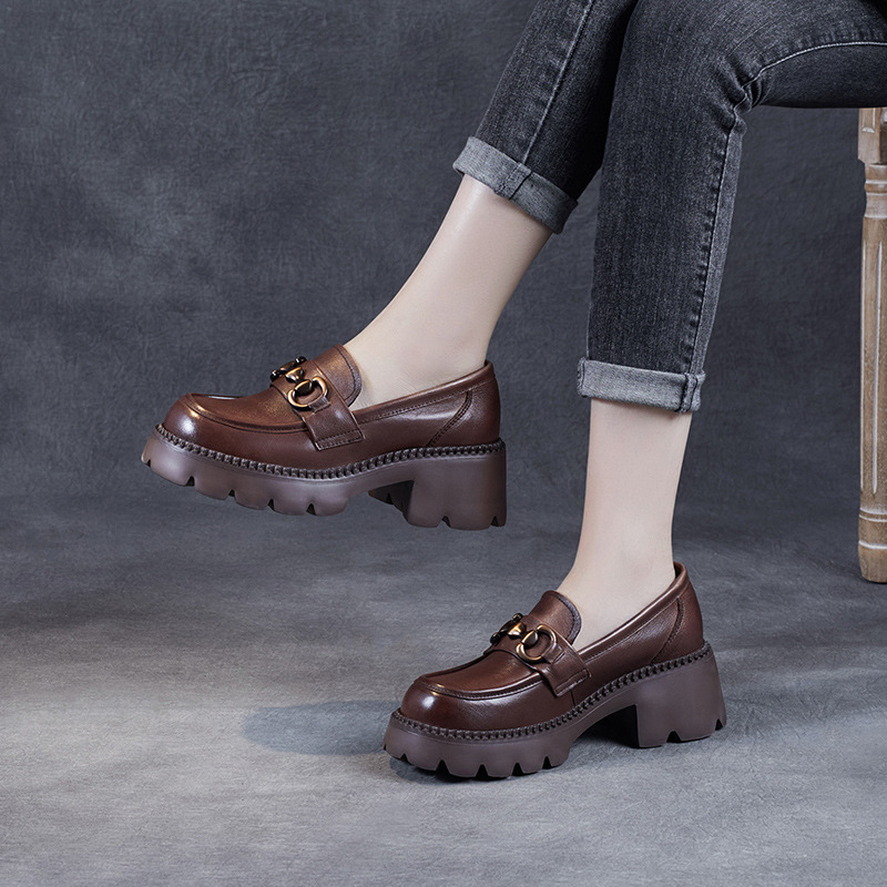 Leather Loafers with Muffin Soles and Buckles