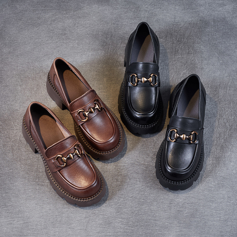 Leather Loafers with Muffin Soles and Buckles