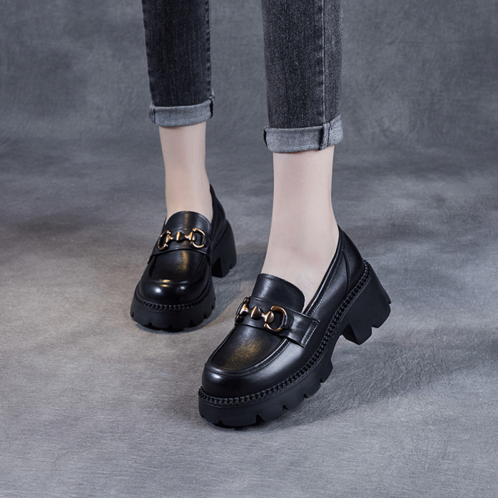 Leather Loafers with Muffin Soles and Buckles