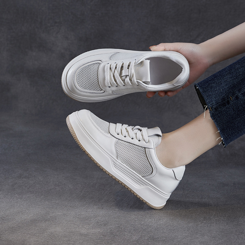 Leather Mesh Breathable Casual Platform Lace-Up Flats