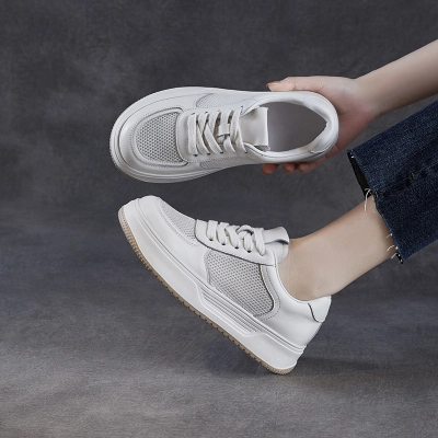 Leather Mesh Breathable Casual Platform Lace-Up Flats 02