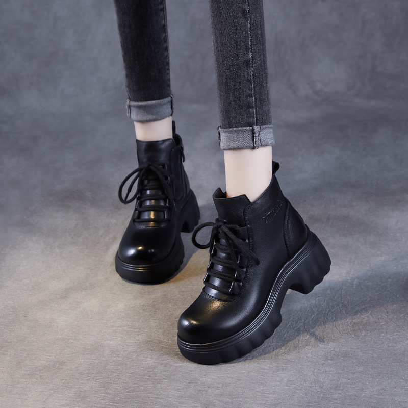 Leather Platform Short Boots Cowhide Doc Martens with Top Layer