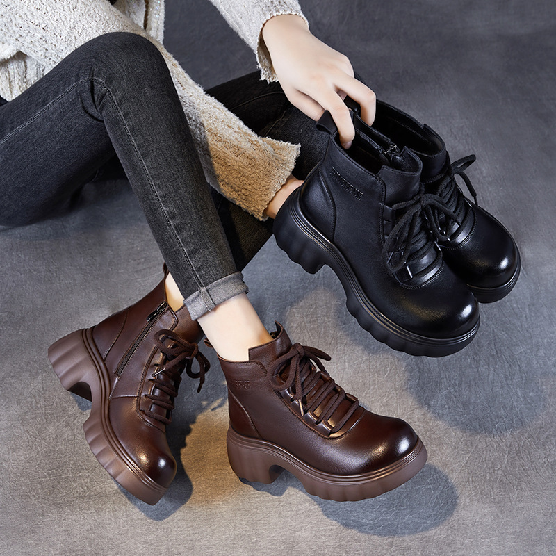 Leather Platform Short Boots Cowhide Doc Martens with Top Layer