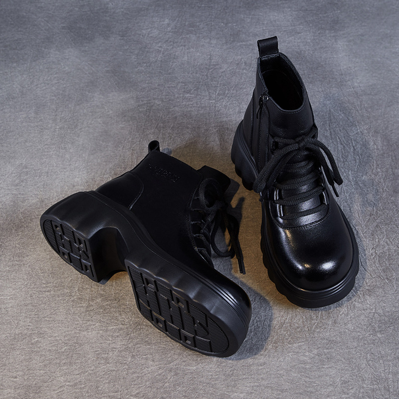 Leather Platform Short Boots Cowhide Doc Martens with Top Layer
