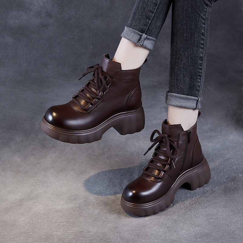 Leather Platform Short Boots Cowhide Doc Martens with Top Layer