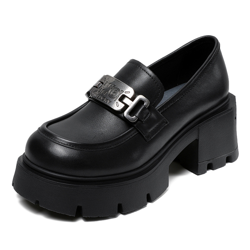 Metal Buckle Loafers with Chunky Heels and Leather English Design