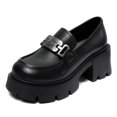 Metal Buckle Loafers with Chunky Heels and Leather English Design 02