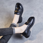 Soft Sole Loafers Cowhide Round Head Buckle Casual Small Leather Shoes