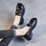 Soft Sole Loafers Cowhide Round Head Buckle Casual Small Leather Shoes